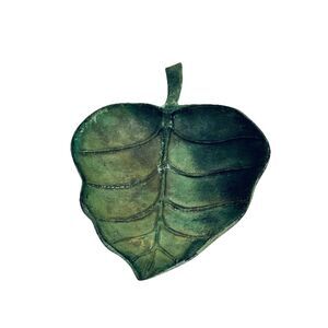 Brass Green Tone Leaf Trinket Tray with Embossed Veining Detail Throughout